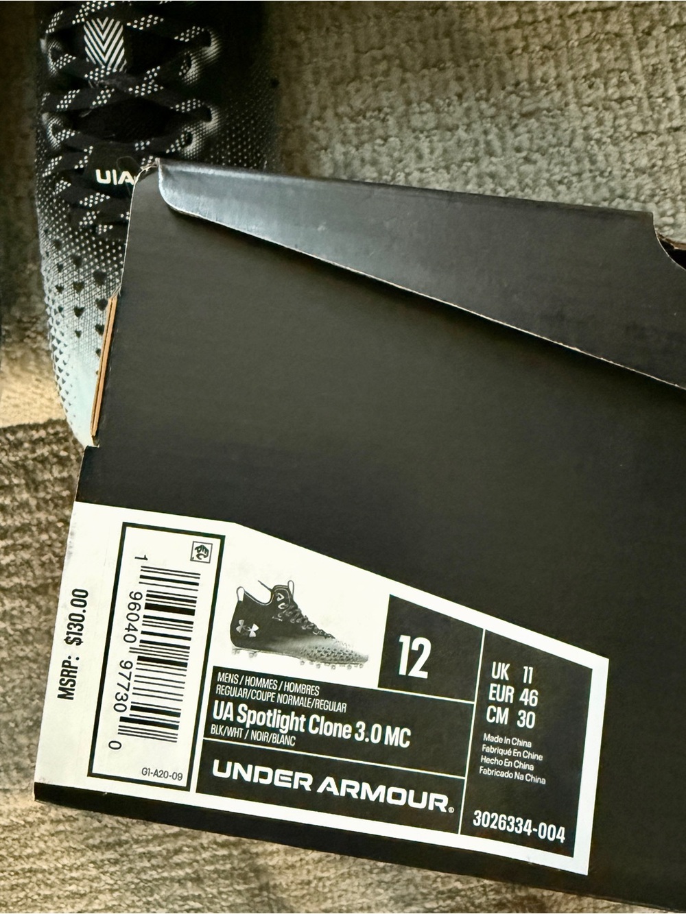 NWT Under Armour Men's Black & White Gradient Athletic Cleats - Picture 5 of 7